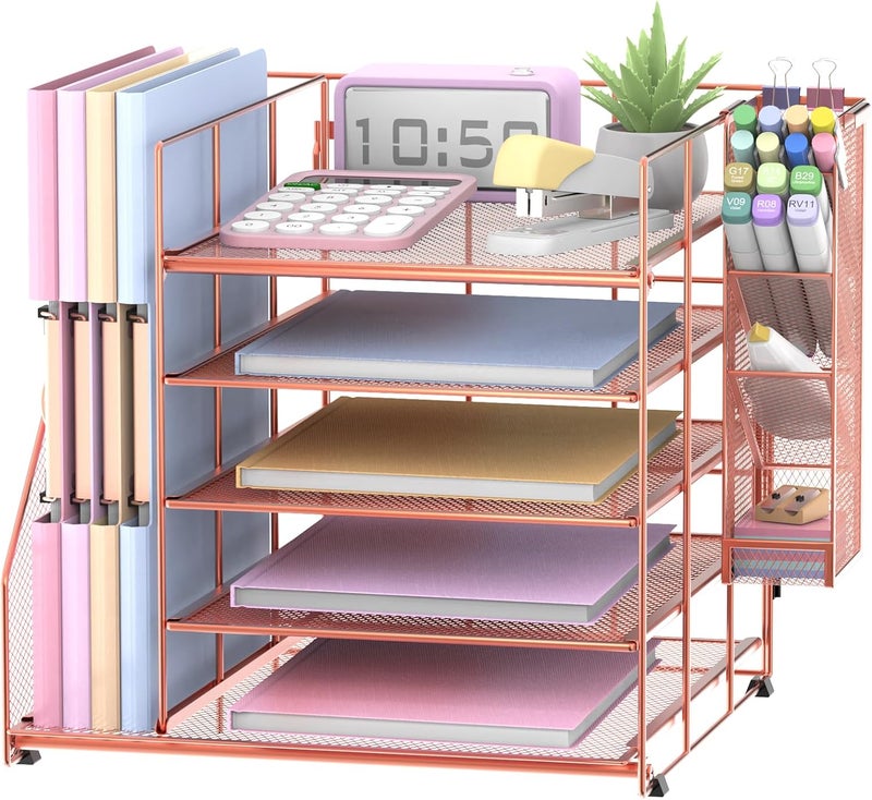ReePlan Rose Gold Desk Accessories, 5-Tier Desk Organizer with Magazine Holder, Paper Organizer with Pen Holder for Home, Office or School Supplies - Image 1